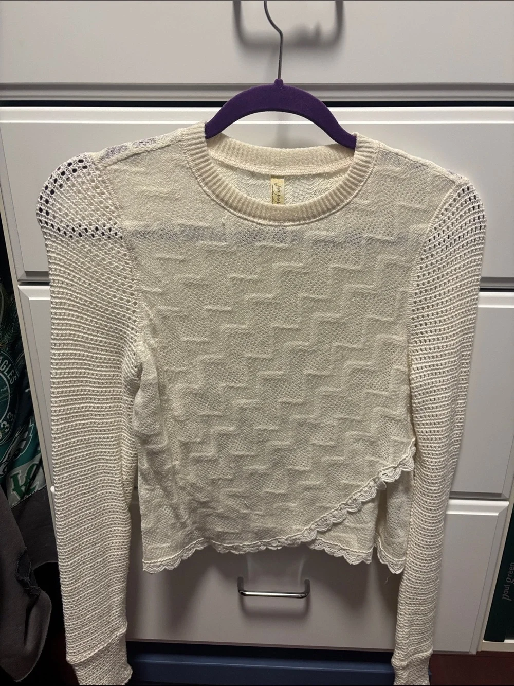 Free People Women's Cream Knit Long-Sleeve Sweater Top M